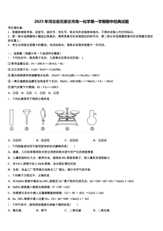 2025年河北省石家庄市高一化学第一学期期中经典试题含解析