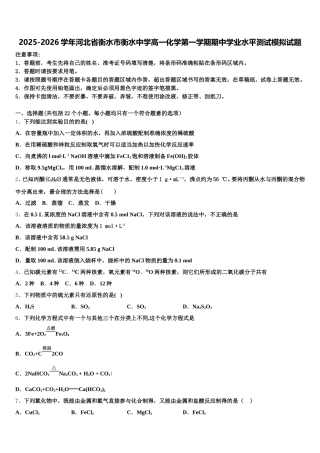2025-2026学年河北省衡水市衡水中学高一化学第一学期期中学业水平测试模拟试题含解析