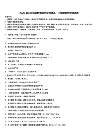 2026届河北省廊坊市高中联合体高一上化学期中检测试题含解析