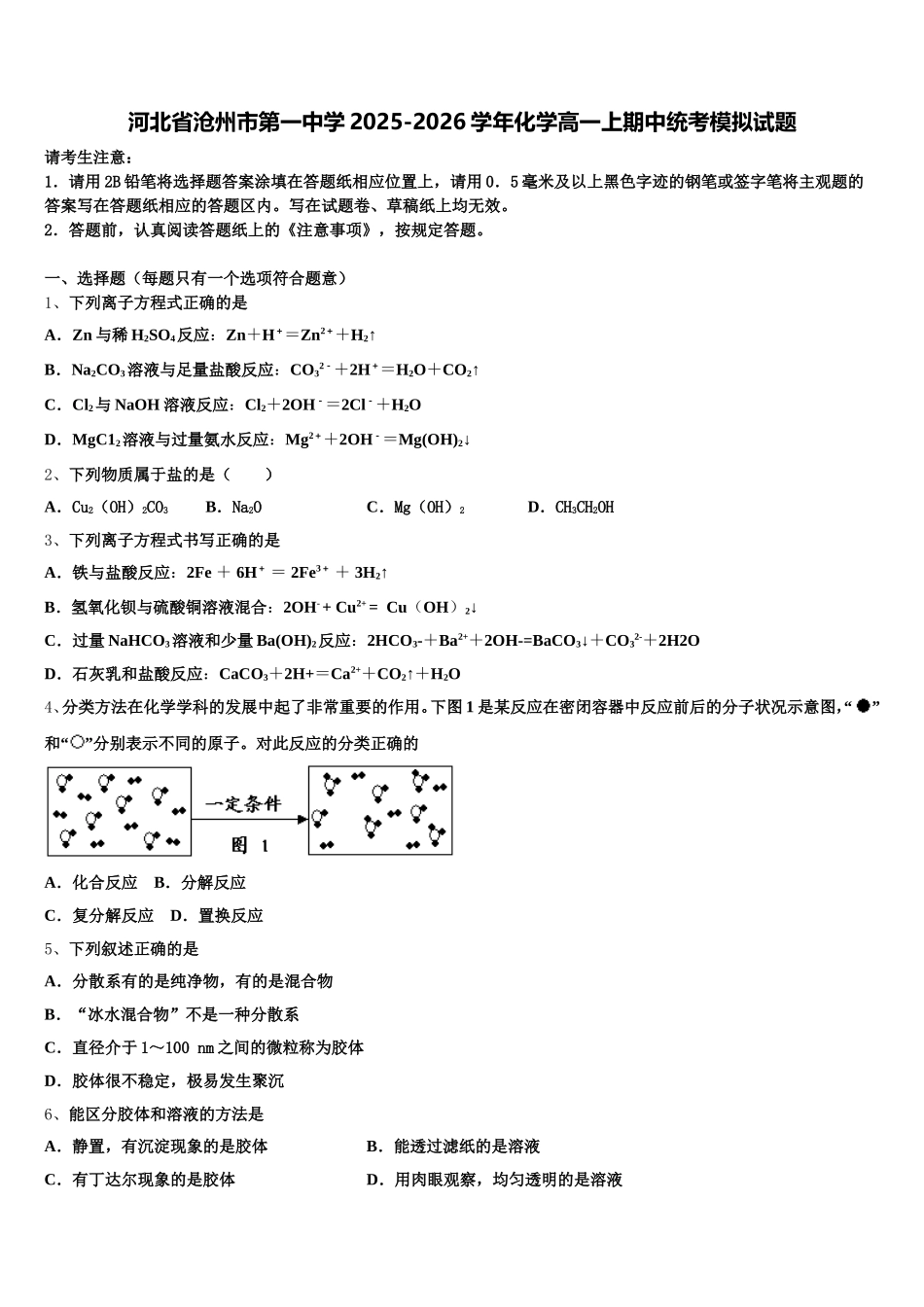 河北省沧州市第一中学2025-2026学年化学高一上期中统考模拟试题含解析_第1页
