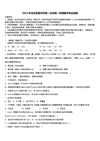 2025年河北枣强中学高一化学第一学期期中考试试题含解析