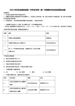 2025年河北省鹿泉县第一中学化学高一第一学期期中综合测试模拟试题含解析