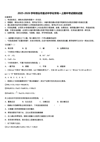 2025-2026学年邢台市重点中学化学高一上期中考试模拟试题含解析