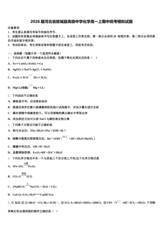 2026届河北省故城县高级中学化学高一上期中统考模拟试题含解析