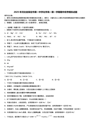2025年河北省保定市第一中学化学高一第一学期期中统考模拟试题含解析