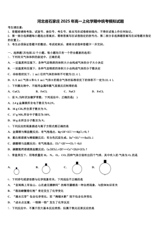 河北省石家庄2025年高一上化学期中统考模拟试题含解析
