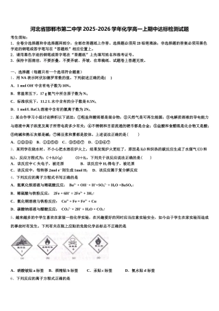 河北省邯郸市第二中学2025-2026学年化学高一上期中达标检测试题含解析