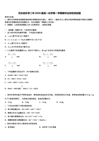 河北省乐亭二中2026届高一化学第一学期期中达标检测试题含解析