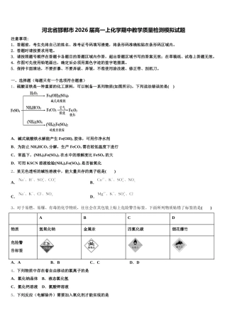 河北省邯郸市2026届高一上化学期中教学质量检测模拟试题含解析