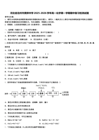 河北省沧州市黄骅中学2025-2026学年高一化学第一学期期中复习检测试题含解析