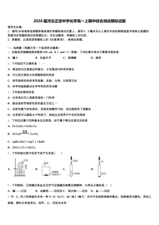 2026届河北正定中学化学高一上期中综合测试模拟试题含解析