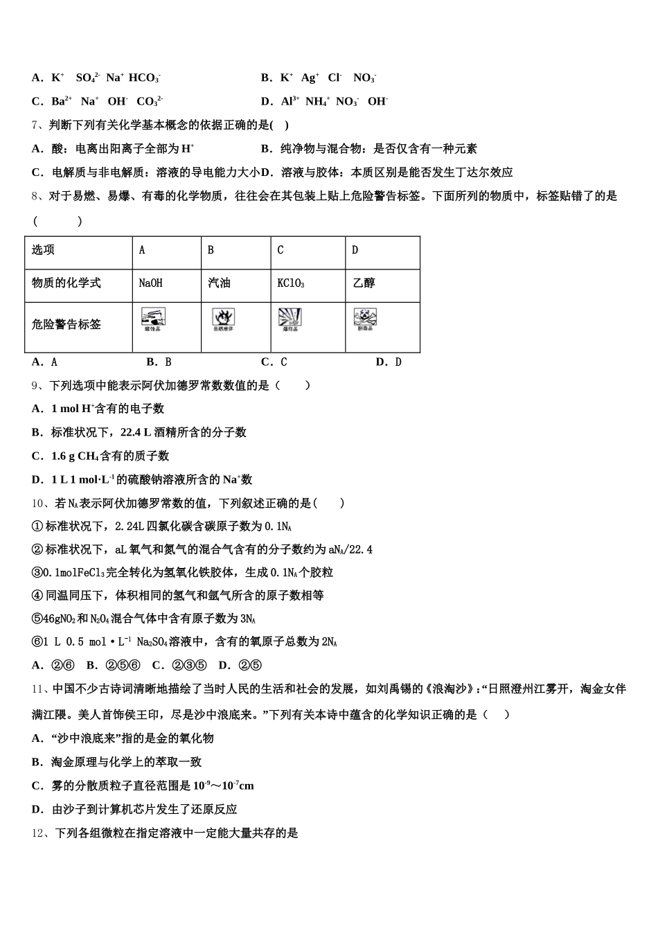 2025年江苏省高级中学化学高一第一学期期中预测试题含解析_第2页