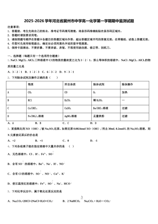 2025-2026学年河北省冀州市中学高一化学第一学期期中监测试题含解析