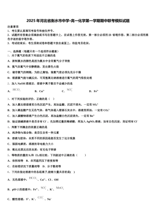 2025年河北省衡水市中学·高一化学第一学期期中联考模拟试题含解析