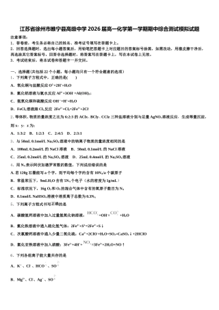 江苏省徐州市睢宁县高级中学2026届高一化学第一学期期中综合测试模拟试题含解析