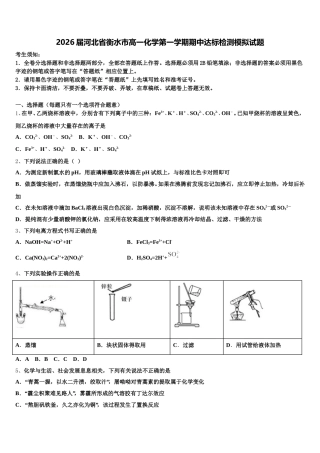 2026届河北省衡水市高一化学第一学期期中达标检测模拟试题含解析