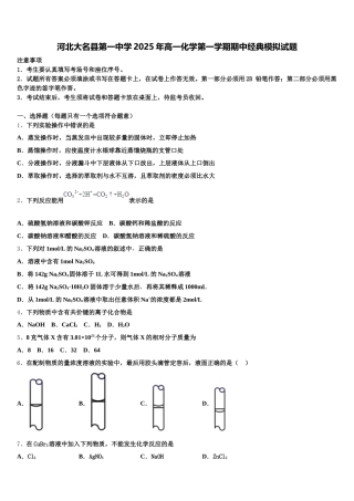 河北大名县第一中学2025年高一化学第一学期期中经典模拟试题含解析