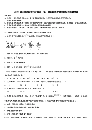 2026届河北省廊坊市化学高一第一学期期中教学质量检测模拟试题含解析