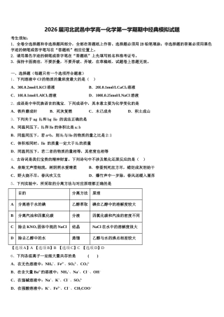 2026届河北武邑中学高一化学第一学期期中经典模拟试题含解析
