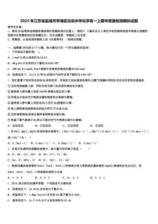 2025年江苏省盐城市亭湖区伍佑中学化学高一上期中质量检测模拟试题含解析
