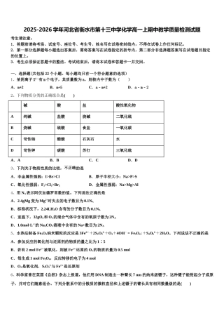 2025-2026学年河北省衡水市第十三中学化学高一上期中教学质量检测试题含解析