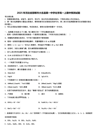 2025年河北省邯郸市大名县第一中学化学高一上期中预测试题含解析