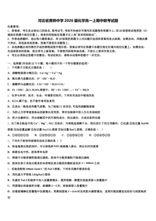 河北省黄骅中学2026届化学高一上期中联考试题含解析