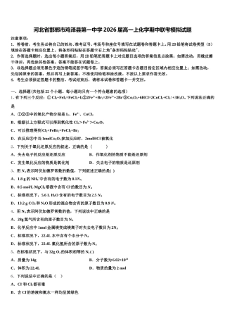 河北省邯郸市鸡泽县第一中学2026届高一上化学期中联考模拟试题含解析