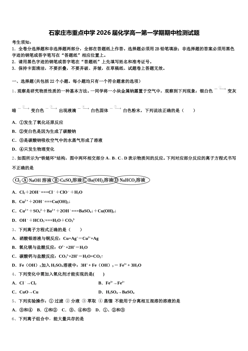 石家庄市重点中学2026届化学高一第一学期期中检测试题含解析_第1页