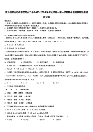 河北省邢台市桥东区邢台二中2025-2026学年化学高一第一学期期中质量跟踪监视模拟试题含解析