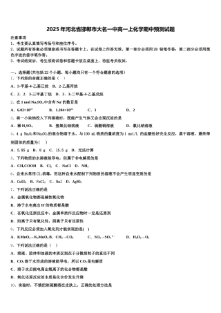 2025年河北省邯郸市大名一中高一上化学期中预测试题含解析