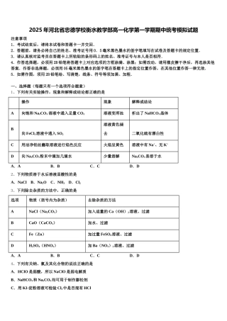 2025年河北省忠德学校衡水教学部高一化学第一学期期中统考模拟试题含解析