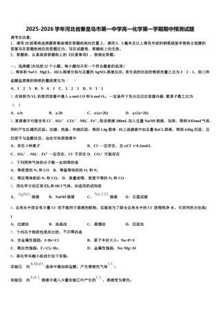2025-2026学年河北省秦皇岛市第一中学高一化学第一学期期中预测试题含解析