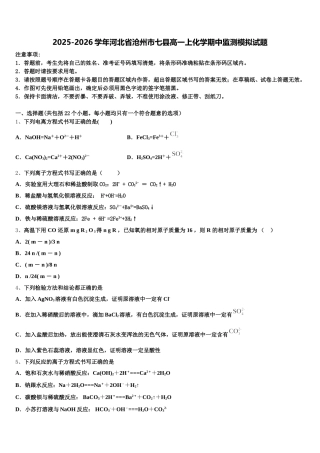 2025-2026学年河北省沧州市七县高一上化学期中监测模拟试题含解析