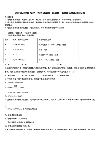 名校学术联盟2025-2026学年高一化学第一学期期中经典模拟试题含解析