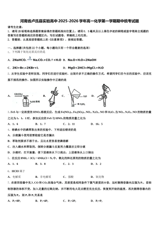 河南省卢氏县实验高中2025-2026学年高一化学第一学期期中统考试题含解析