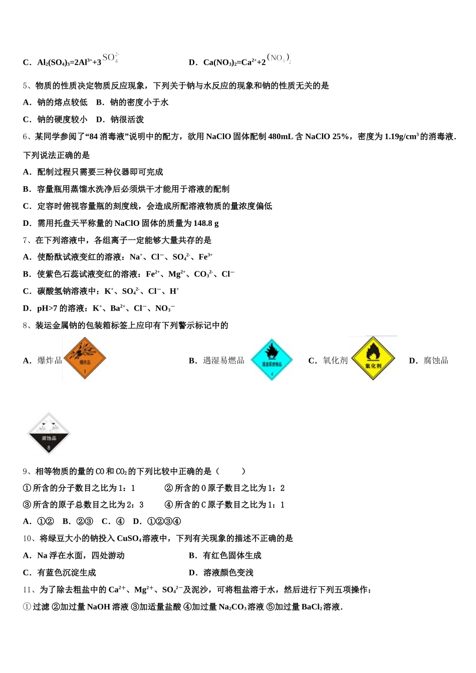 河南省郑州市嵩阳高级中学2026届化学高一第一学期期中质量跟踪监视模拟试题含解析_第2页