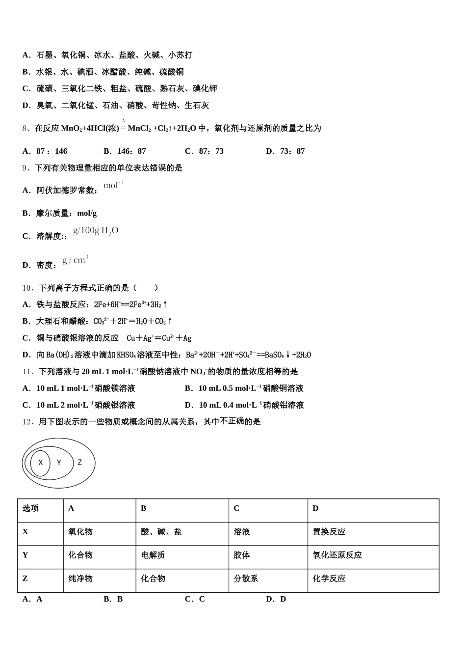 三门峡市重点中学2026届化学高一第一学期期中统考模拟试题含解析_第2页