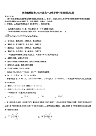 河南省濮阳市2026届高一上化学期中检测模拟试题含解析