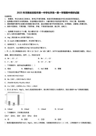 2025年河南省安阳市第一中学化学高一第一学期期中调研试题含解析