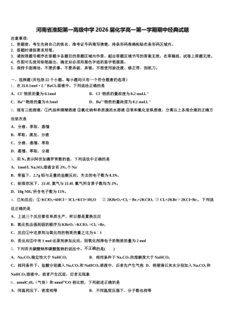 河南省淮阳第一高级中学2026届化学高一第一学期期中经典试题含解析