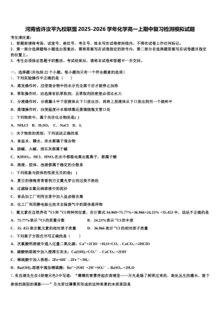 河南省许汝平九校联盟2025-2026学年化学高一上期中复习检测模拟试题含解析