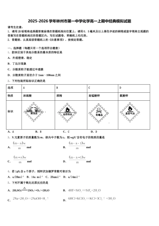 2025-2026学年林州市第一中学化学高一上期中经典模拟试题含解析