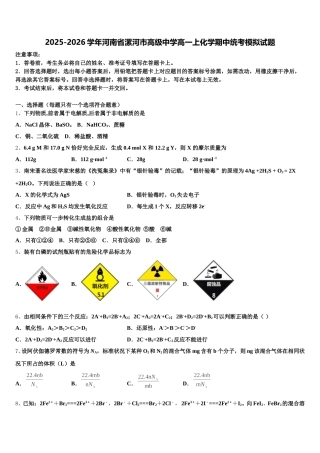 2025-2026学年河南省漯河市高级中学高一上化学期中统考模拟试题含解析