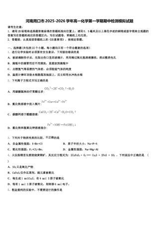 河南周口市2025-2026学年高一化学第一学期期中检测模拟试题含解析