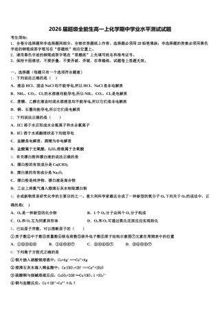 2026届超级全能生高一上化学期中学业水平测试试题含解析