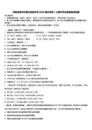 河南省漯河市第五高级中学2026届化学高一上期中学业质量监测试题含解析