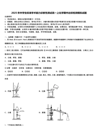 2025年中学生标准学术能力诊断性测试高一上化学期中达标检测模拟试题含解析