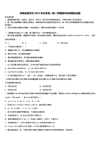 河南省漯河市2025年化学高一第一学期期中检测模拟试题含解析