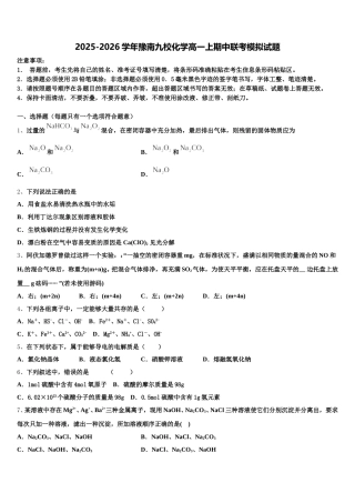 2025-2026学年豫南九校化学高一上期中联考模拟试题含解析